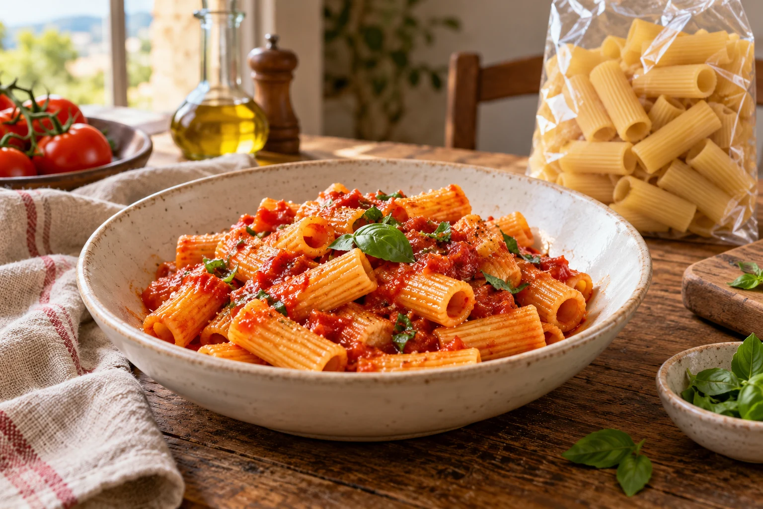 Rigatoni with tomato sauce on a warmly set Italian dining table